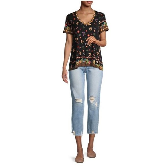 Johnny Was Tops - Johnny Was Nani Favorite Short Sleeve V Neck Swing Tee Floral Black Shirt New